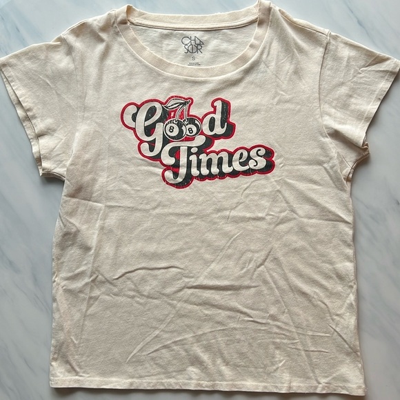 NWT Chaser Women’s Good Times Fitted Tee Cotton Cream Black Red Cherry Small - Picture 6 of 11